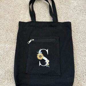 Black Canvas Tote Bag with Floral Initial Design